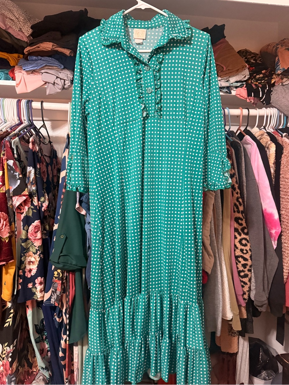 Polka Dot Ruffle-Hem Maxi Dress in Teal Green